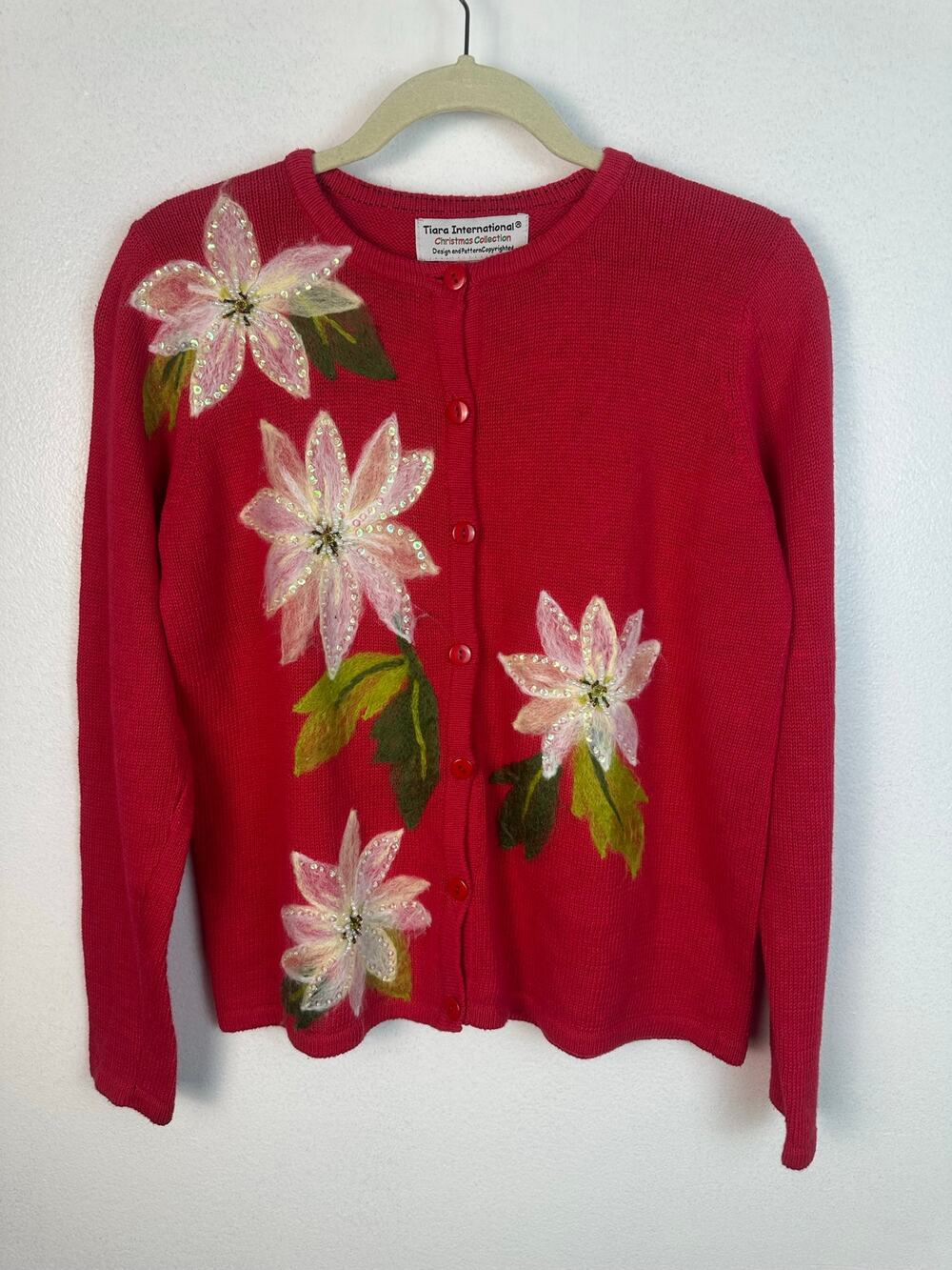 red Tiara International Vintage cardigan embroidered beaded poinsettia appliques